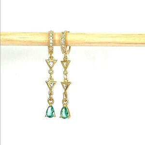 Huggie hoop gold earrings with long drop dangle green crystal gift for women